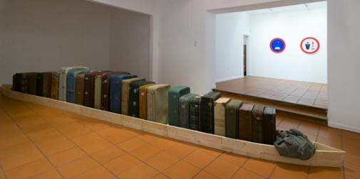 Cargo, 2015, Madeira, malas de viagem e tecidos, 85 x 770 x 60 cm