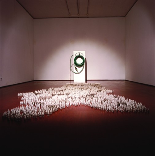 Birch Tree Garden, 2006, Clay, wood, acrylic, gas bottle, hose, sprinkler and metal bracket; Variable dimentions (View at Arts Center of Caldas da Rainha, Portugal)