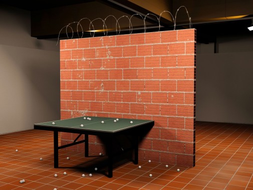 Intifada, 2008/2010, Ping-pong table and balls, bricks, concrete and barbed wire